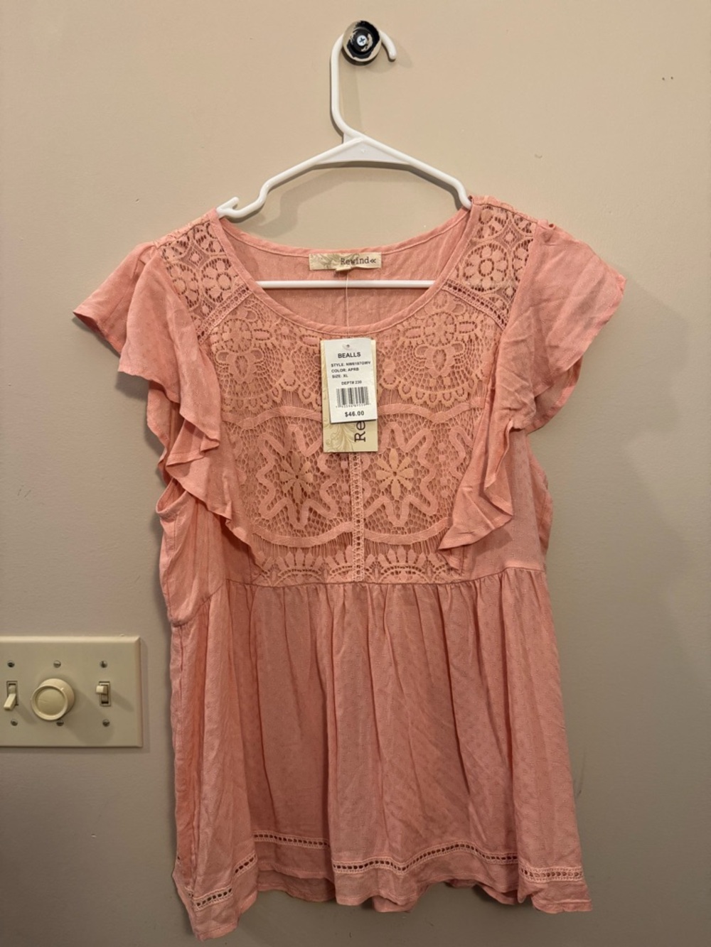 Rewind Pink Crochet-Front Ruffle Sleeve Shirt
